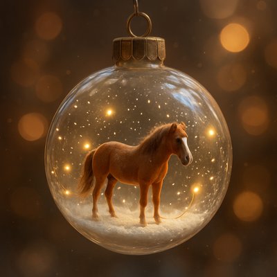 Tiny Horse Inside a Glass Ornament
a clear glass christmas ornament containing a miniature horse scene, glowing fairy lights, gentle snowfall particles inside, hyper-detailed reflections, delicate glass texture, whimsical fantasy realism, dreamy warm lighting, bokeh background