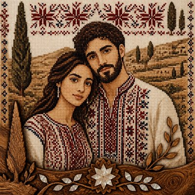 portrait of two people together — Palestinian Art Style