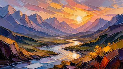 a vast valley with a river winding toward distant mountains at sunrise, no people, no text