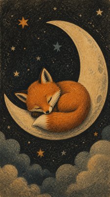 a sleeping baby fox curled on a crescent moon among soft stars, gentle and warm, no text