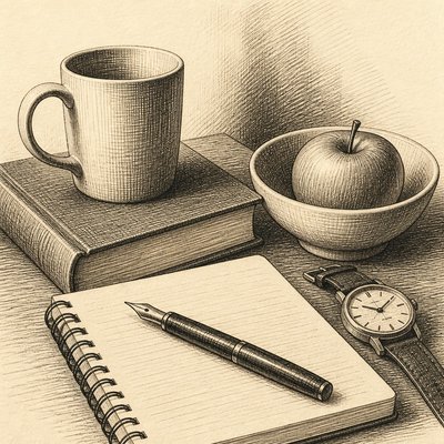 still life with everyday objects — Hatching Drawing Style