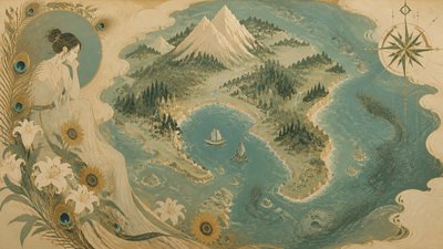a map of an island realm with mountains, forests, a sheltered bay, sea monsters in the water and a compass rose, no text labels