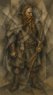 full-body original character: a dwarven ranger with a braided auburn beard, worn leather armor, a longbow and a wolf-pelt cloak, neutral background, no text