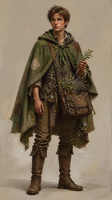 full-body original character: a wandering botanist with a satchel of plants, a patched green cloak, tall boots and round glasses, neutral background