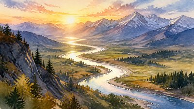 a vast valley with a river winding toward distant mountains at sunrise, no people, no text