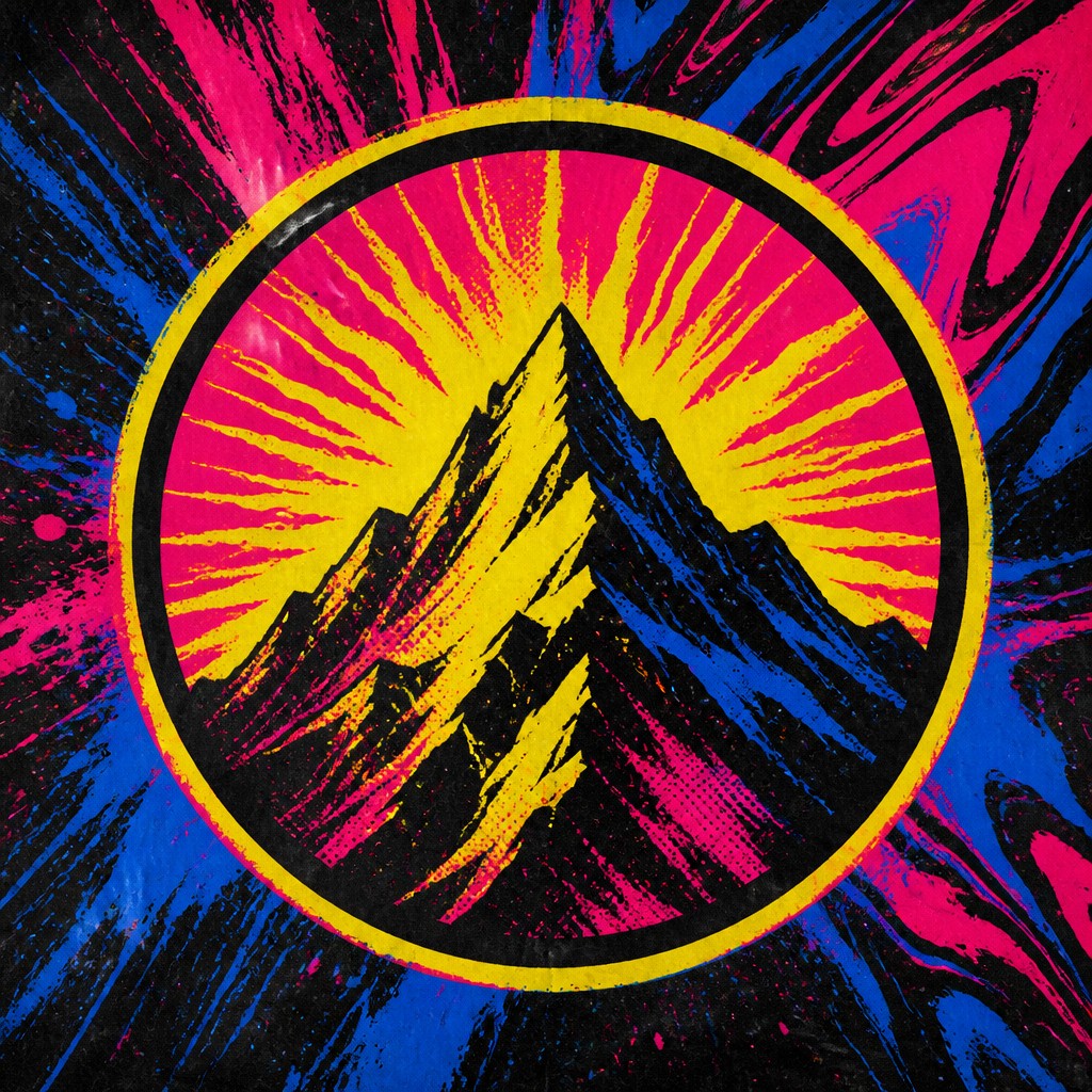 an emblem of a mountain peak inside a circle, simple bold shapes on a plain background, no text or lettering