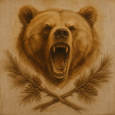 a roaring bear head above crossed pine branches, bold graphic composition on a plain background, no text