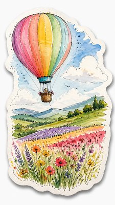 a hot air balloon drifting over rolling flower fields on a sunny day, cheerful, no text