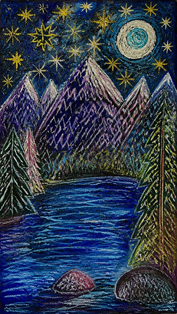 a tranquil mountain lake beneath a starry night sky, no people, no text