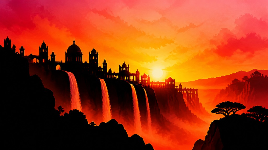 a cliffside city with waterfalls cascading into a misty canyon, wide establishing shot, no people, no text
