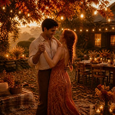 an original couple dancing under string lights in a garden at dusk: a man with short black hair in a linen shirt and a woman with braided red hair in a summer dress