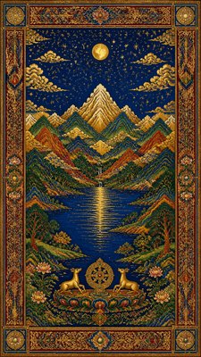 a tranquil mountain lake beneath a starry night sky, no people, no text