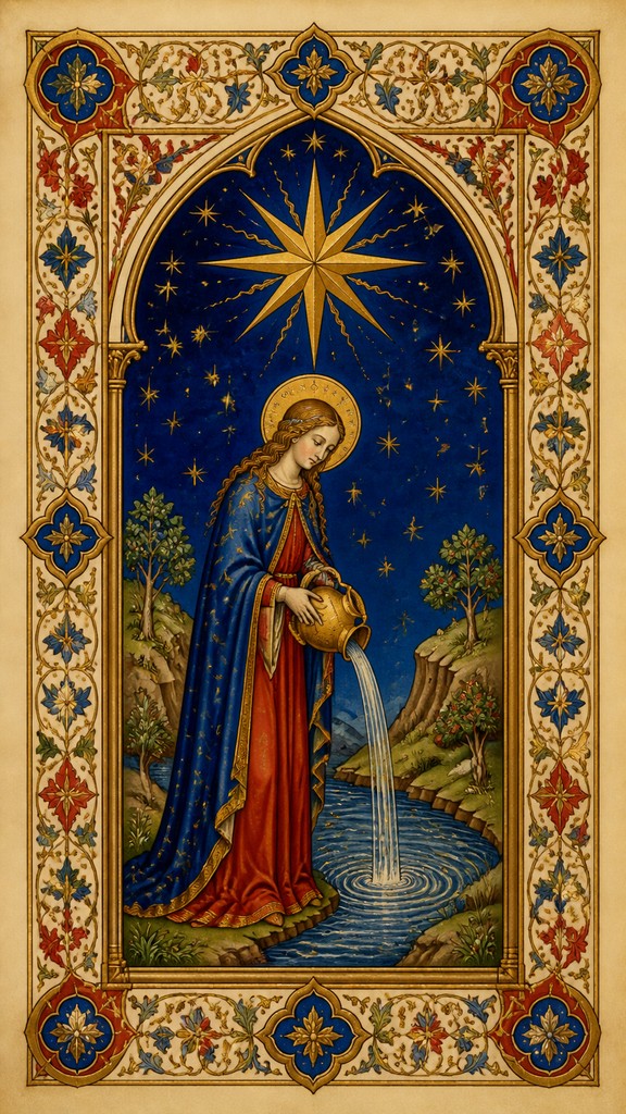 a robed figure pouring water beneath a large eight-pointed star in a night sky, symmetrical composition with an ornate decorative border, no text
