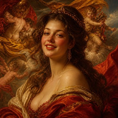 head-and-shoulders portrait of an original character: a young woman with wavy chestnut hair and a warm smile, plain soft backdrop