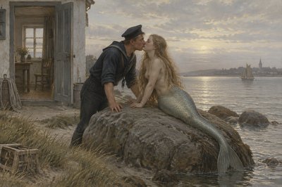 a sailor kisses a mermaid sitting on a rock
