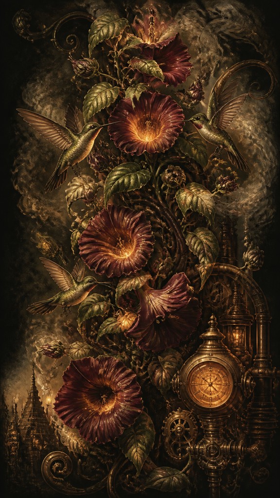 a climbing vine of flowers and hummingbirds on a dark background, tall wrapping composition, no text