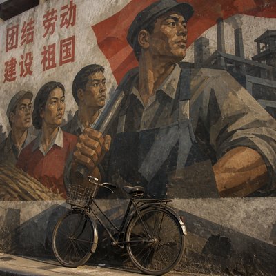 bicyle resting against a wall