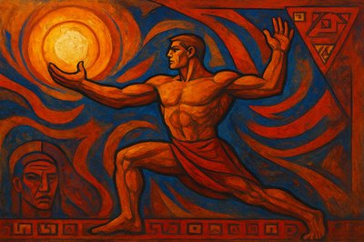 a painting of a man with a sun in the background