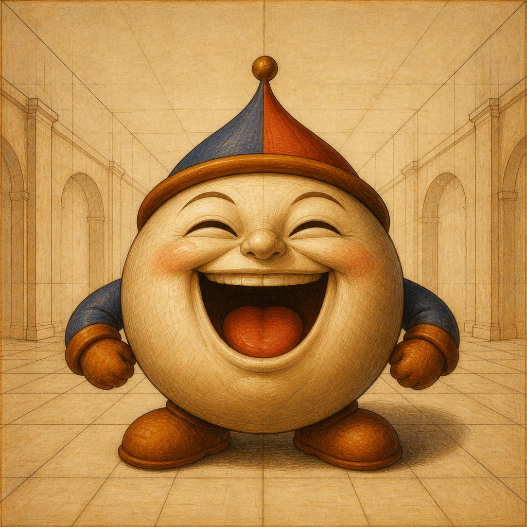 an exaggerated laughing face of an original round mascot character, bold and readable at small size, plain background, no text
