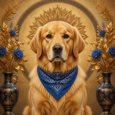 portrait of a golden retriever wearing a blue bandana, warm plain backdrop, no text
