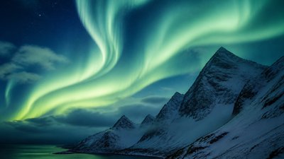 a flowing aurora over snowy peaks, wide sweeping composition, no people, no text