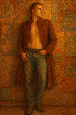 a painting of a man standing in front of a wall