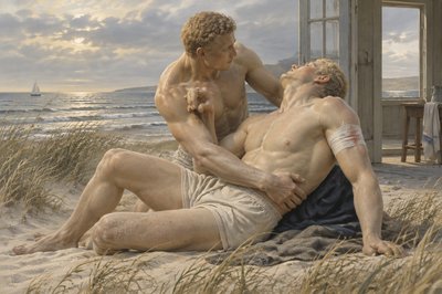 a painting of two men sitting on a beach