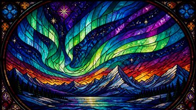 a flowing aurora over snowy peaks, wide sweeping composition, no people, no text