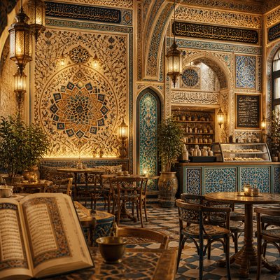 cozy cafe interior with warm lighting