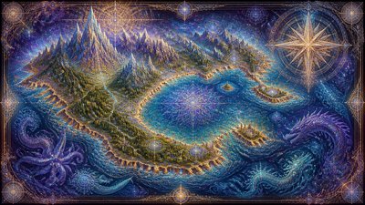 a map of an island realm with mountains, forests, a sheltered bay, sea monsters in the water and a compass rose, no text labels