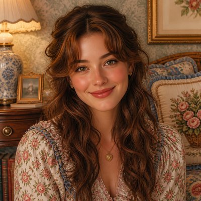 head-and-shoulders portrait of an original character: a young woman with wavy chestnut hair and a warm smile, plain soft backdrop