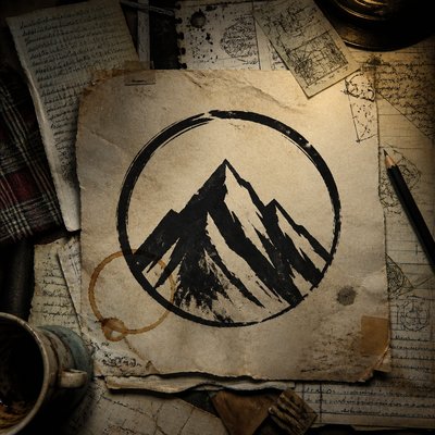 an emblem of a mountain peak inside a circle, simple bold shapes on a plain background, no text or lettering