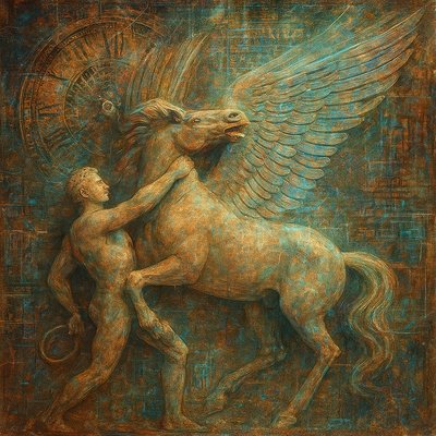 a painting of a man hugging a horse