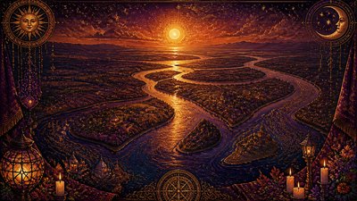 a wide river delta seen from above at sunset, no people