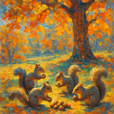 Squirrels gathering acorns under an oak tree with fall leaves.