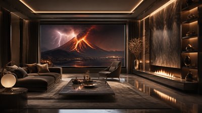 an erupting volcano with lightning strikes, dramatic wide composition, no text