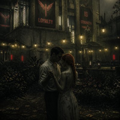 an original couple dancing under string lights in a garden at dusk: a man with short black hair in a linen shirt and a woman with braided red hair in a summer dress