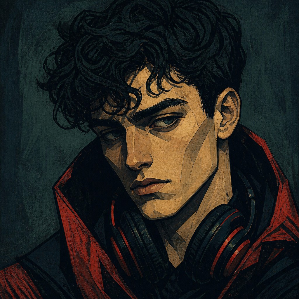 head-and-shoulders portrait of an original character: a young man with curly dark hair and headphones around his neck, plain backdrop, no text