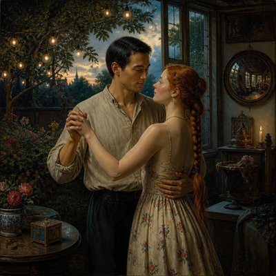an original couple dancing under string lights in a garden at dusk: a man with short black hair in a linen shirt and a woman with braided red hair in a summer dress