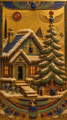 a snow-covered cottage with warm glowing windows beside a decorated pine tree, gentle snowfall, no text
