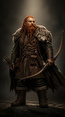 full-body original character: a dwarven ranger with a braided auburn beard, worn leather armor, a longbow and a wolf-pelt cloak, neutral background, no text