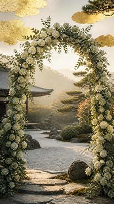 an arch of white roses and eucalyptus in soft morning light, elegant vertical composition with open space, no text