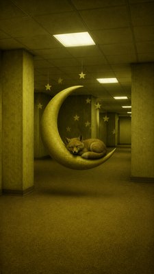 a sleeping baby fox curled on a crescent moon among soft stars, gentle and warm, no text