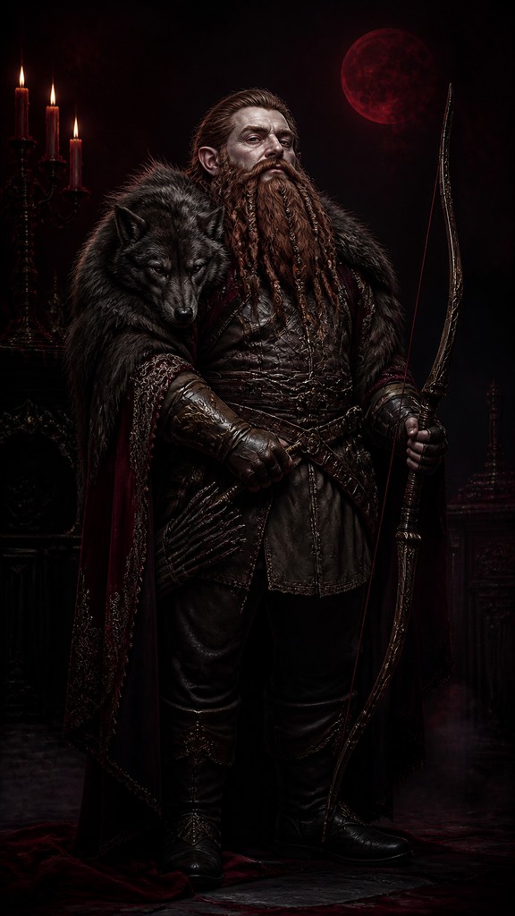 full-body original character: a dwarven ranger with a braided auburn beard, worn leather armor, a longbow and a wolf-pelt cloak, neutral background, no text