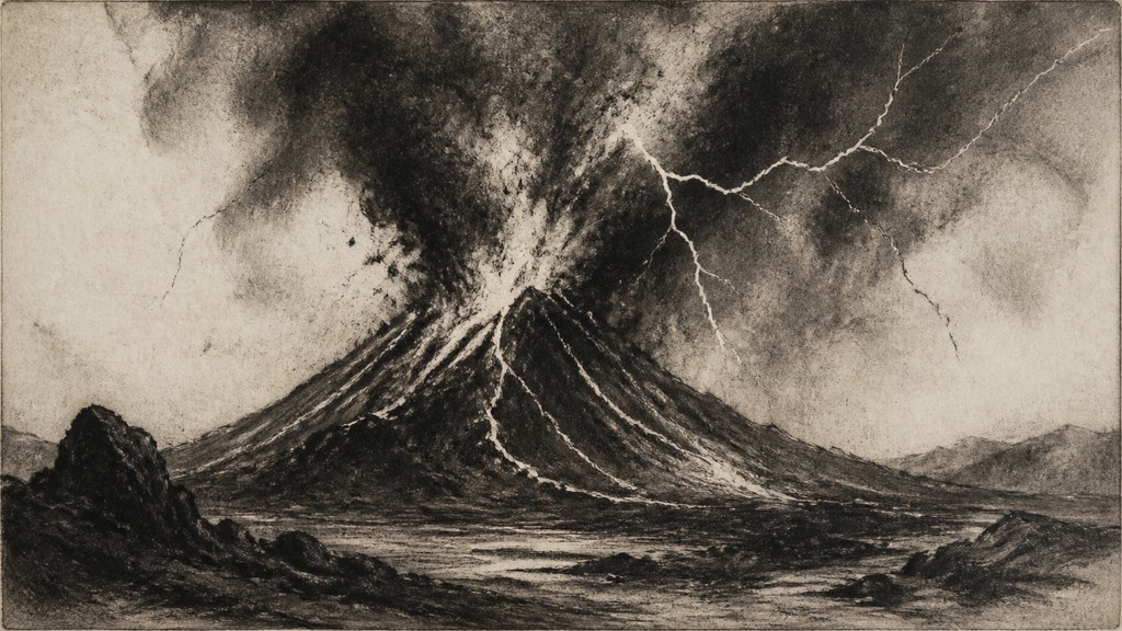 an erupting volcano with lightning strikes, dramatic wide composition, no text