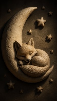 a sleeping baby fox curled on a crescent moon among soft stars, gentle and warm, no text