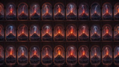 an erupting volcano with lightning strikes, dramatic wide composition, no text