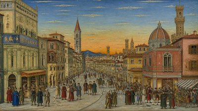 bustling city street panorama at dusk