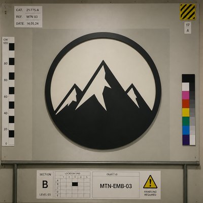 an emblem of a mountain peak inside a circle, simple bold shapes on a plain background, no text or lettering