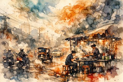 Southeast Asia.  Modern day.  This morning the sound of traffic in the street, 
scooters and tuk-tuks, taxis and trucks, was so loud I couldn’t hear my dream.  
So I turned it off and went dowstairs.
Taking in diesel fumes ‘til it hurt to breathe, I found a hawker-stall and ate.
It’s 100 degrees already; soon the rain will come.
